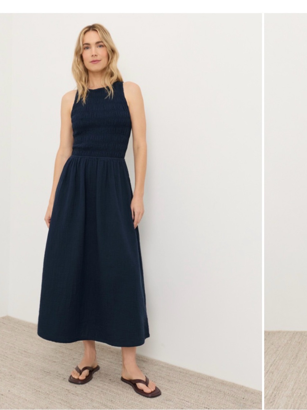 Pact Organic Coastal Double Gauze Smocked Dress Navy Large
